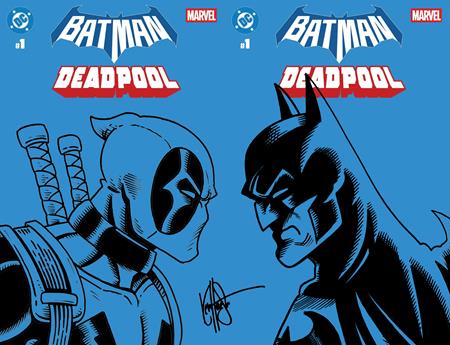 DC MARVEL BATMAN DEADPOOL #1 BLUE BLANK VARIANT TWO COVER SET SIGNED AND REMARKED BY KEN HAESER WITH DEADPOOL VS BATMAN SKETCH