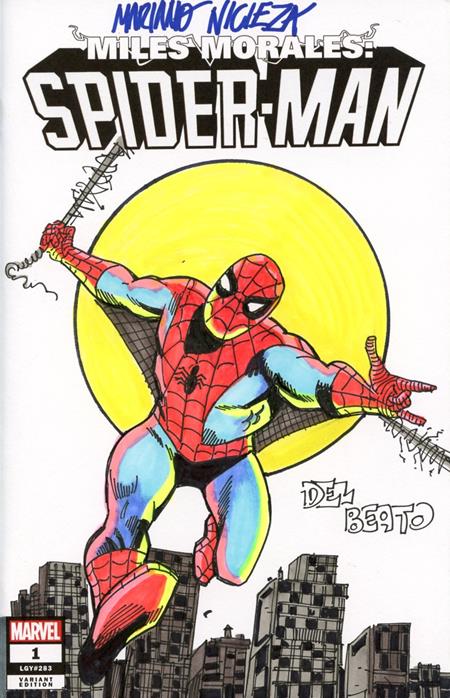 Miles Morales Spider-man #1 MARVEL COMICS COVER ART SIGNED AND REMARKED BY MARIANO NICIEZA AND JOE DELBEATO WITH SPIDER-MAN SKETCH